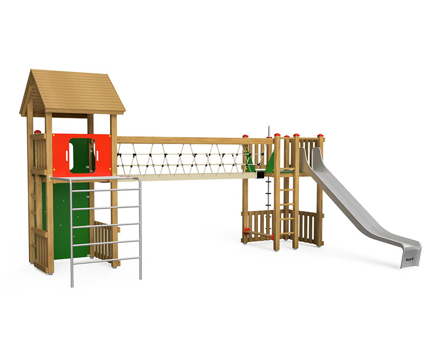 Spielturm-Kombination Kantholz, Podesthöhen 180 cm, Satteldach, Rutsche Edelstahl Ansicht 2