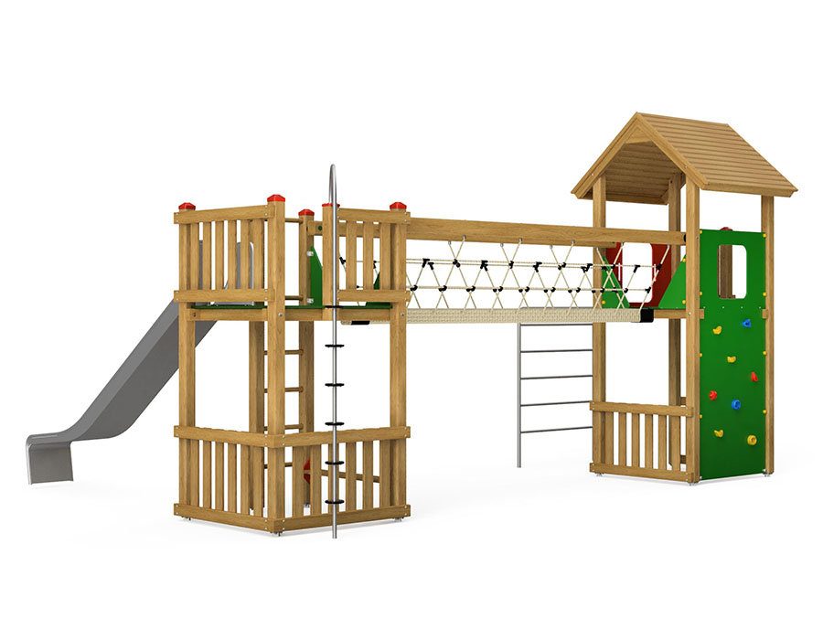 Spielturm-Kombination Kantholz, Podesthöhen 180 cm, Satteldach, Rutsche Edelstahl Ansicht 3