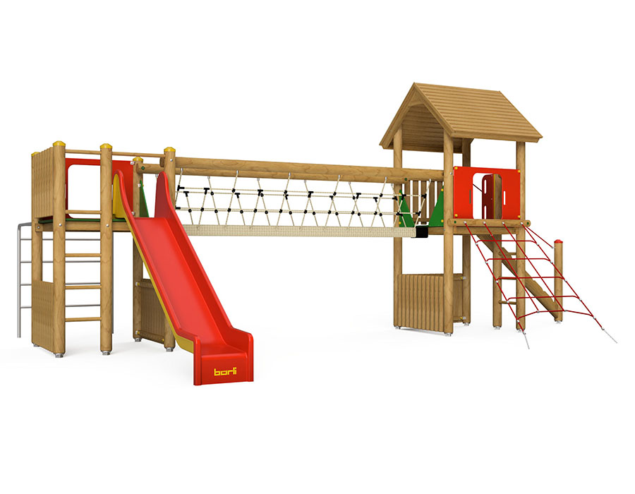 Spielturm-Kombination Rundholz, Podesthöhen 150 cm, Satteldach, Rutsche, mit Dschungelbrücke Ansicht 2