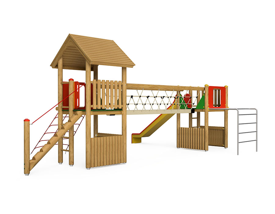 Spielturm-Kombination Rundholz, Podesthöhen 150 cm, Satteldach, Rutsche, mit Dschungelbrücke Ansicht 3
