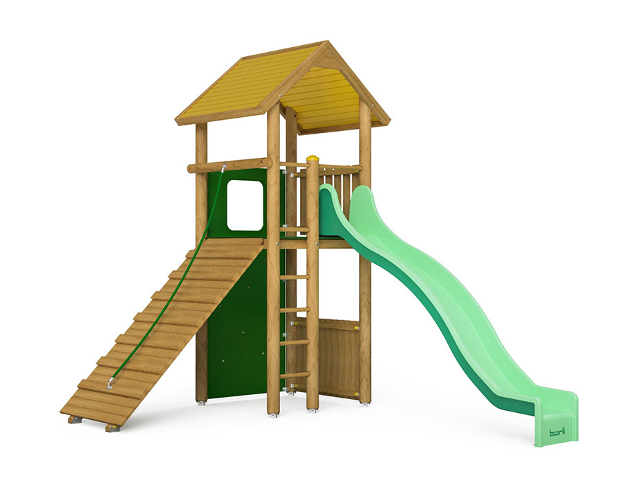 Spielturm-Kombination Rundholz, Podesthöhe 180 cm, Satteldach, Wellenrutsche, mit Bergsteigerwand Ansicht 2