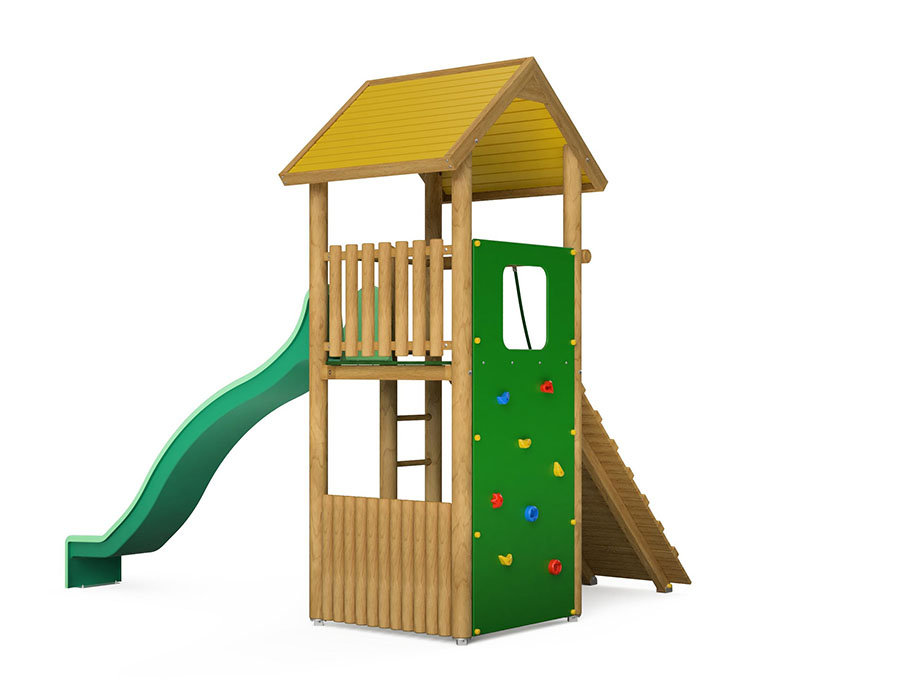 Spielturm-Kombination Rundholz, Podesthöhe 180 cm, Satteldach, Wellenrutsche, mit Bergsteigerwand Ansicht 3