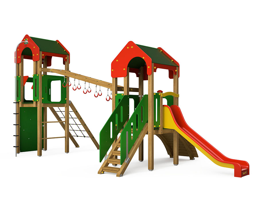Spielturm-Kombination Crea-Play, Podesthöhen 90/150 cm, Satteldach, Rutsche Ansicht 2