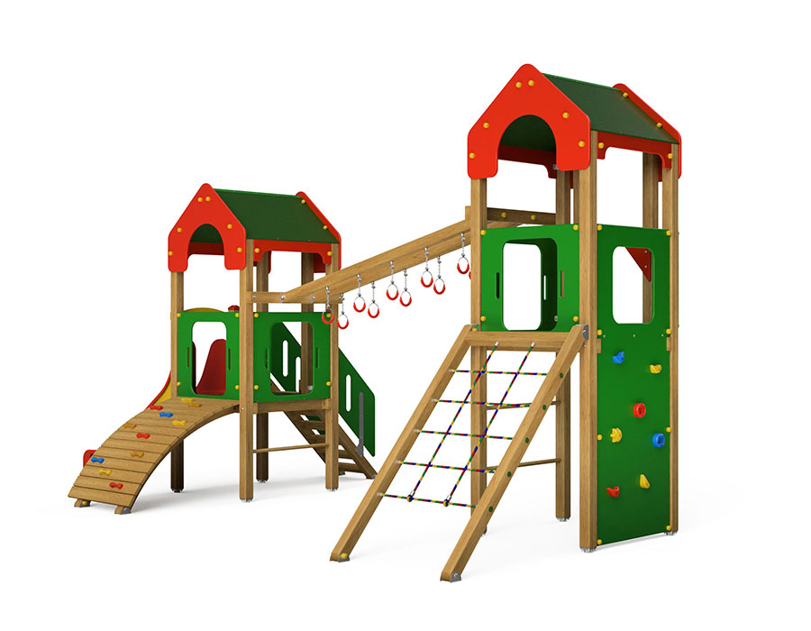 Spielturm-Kombination Crea-Play, Podesthöhen 90/150 cm, Satteldach, Rutsche Ansicht 3