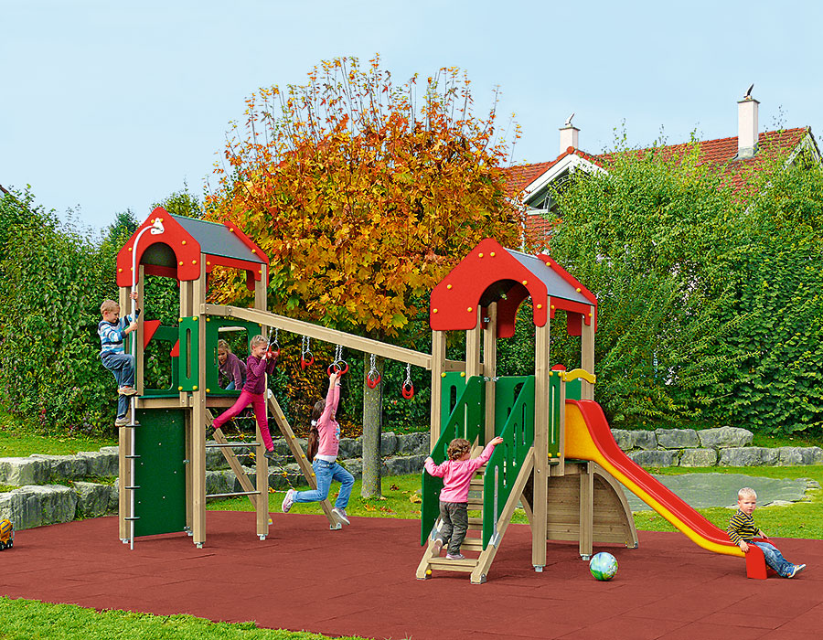 Spielturm-Kombination Crea-Play, Podesthöhen 90/150 cm, Satteldach, Rutsche Ansicht 4