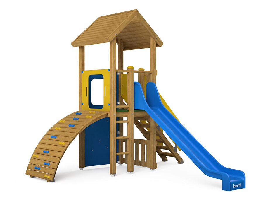 Spielturm-Kombination Eco, Podesthöhe 120 cm, Satteldach, Rutsche, mit Bergsteigerwand und Aufstiegstreppe Ansicht 2