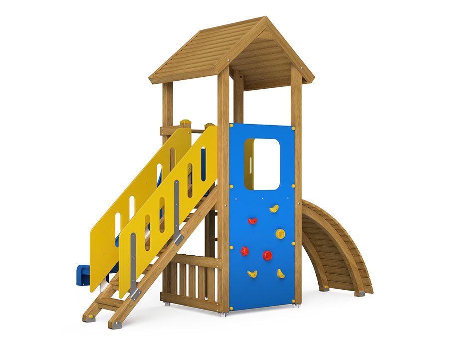Spielturm-Kombination Eco, Podesthöhe 120 cm, Satteldach, Rutsche, mit Bergsteigerwand und Aufstiegstreppe Ansicht 3