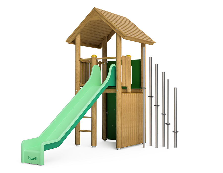 Spielturm-Kombination Rundholz, Podesthöhe 150 cm, Satteldach, Rutsche, mit Stangenwald und Bergsteigerwand Ansicht 2