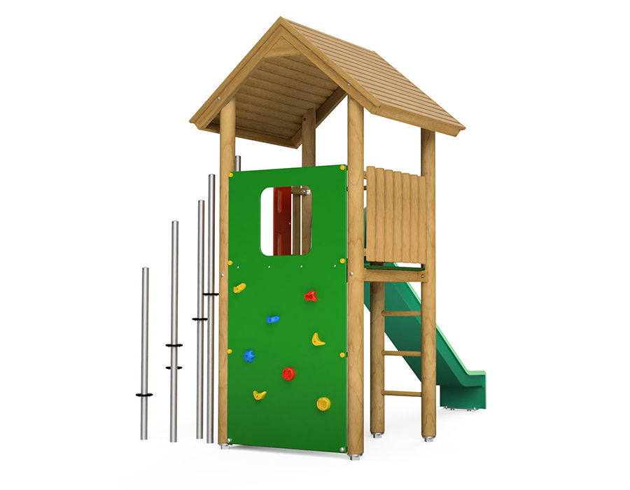 Spielturm-Kombination Rundholz, Podesthöhe 150 cm, Satteldach, Rutsche, mit Stangenwald und Bergsteigerwand Ansicht 3