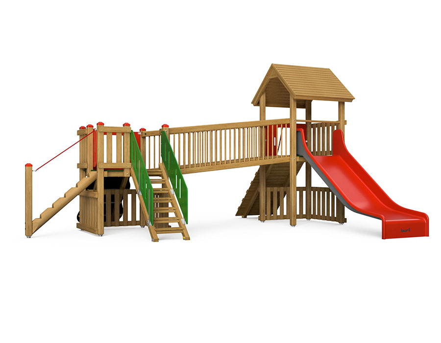 Spielturm-Kombination Kantholz, Podesthöhen 120/150 cm, Satteldach, Breitrutsche Ansicht 2