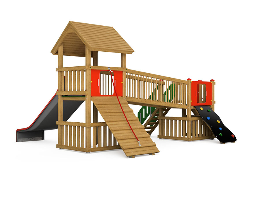 Spielturm-Kombination Kantholz, Podesthöhen 120/150 cm, Satteldach, Breitrutsche Ansicht 3