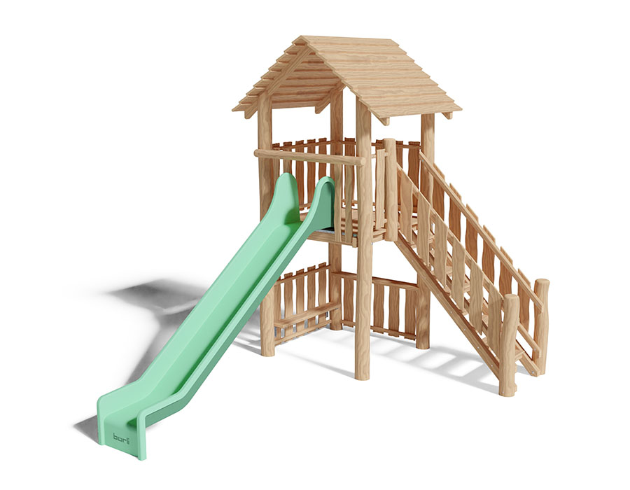 Spielturm-Kombination Robinie, Podesthöhe 150 cm, Satteldach, Rutsche, mit Aufstiegstreppe Ansicht 2