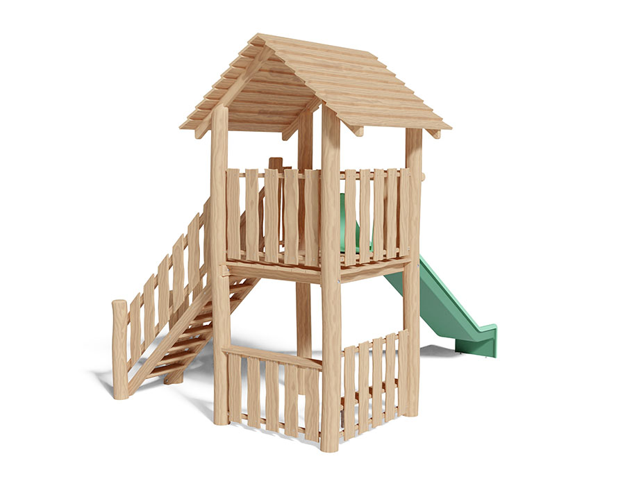 Spielturm-Kombination Robinie, Podesthöhe 150 cm, Satteldach, Rutsche, mit Aufstiegstreppe Ansicht 3