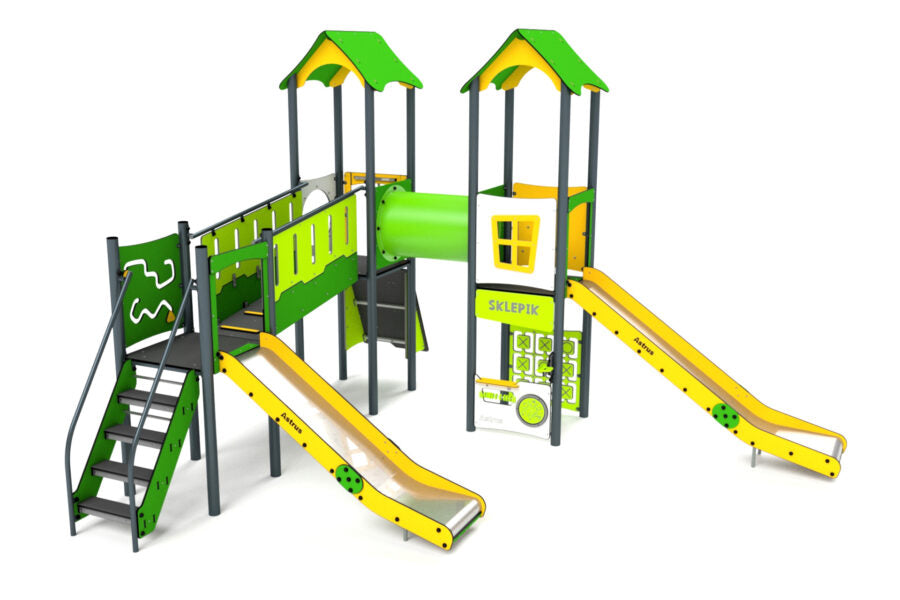 11037 Doppelturm mit Rutschen, Spielwand, Brücke, Kletterwand und Tunnel Ansicht 2