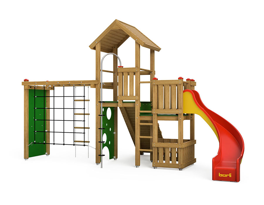 Spielturm-Kombination Eco, Podesthöhen 120/150 cm, Satteldach, Bogenrutsche Ansicht 2