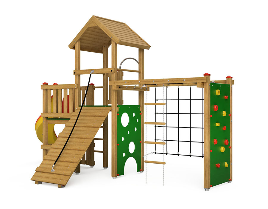 Spielturm-Kombination Eco, Podesthöhen 120/150 cm, Satteldach, Bogenrutsche Ansicht 3