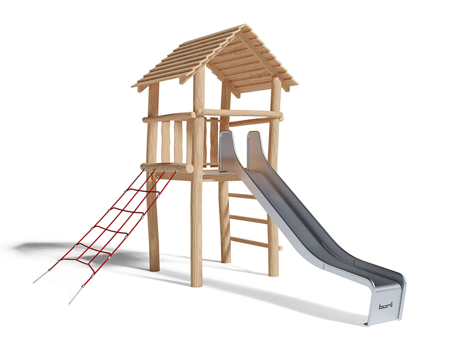 Spielturm-Kombination Robinie, Podesthöhe 150 cm, Satteldach, Rutsche Edelstahl Ansicht 2