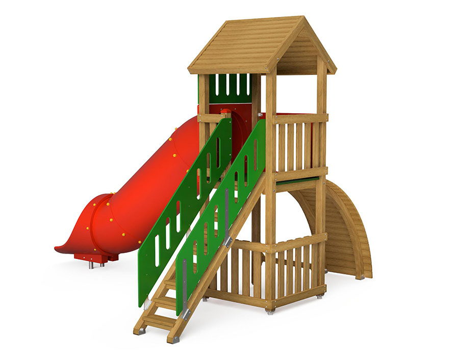 Spielturm-Kombination Eco, Podesthöhe 150 cm, Satteldach, Röhrenrutsche Polyäthylen Ansicht 3