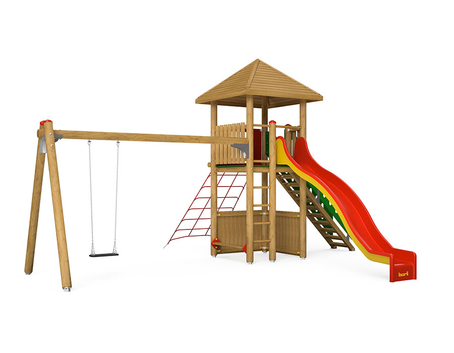 Spielturm-Kombination Rundholz, Podesthöhe 180 cm, Pyramidendach, Wellenrutsche Ansicht 2