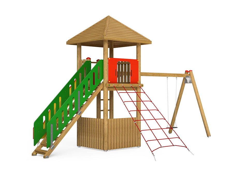 Spielturm-Kombination Rundholz, Podesthöhe 180 cm, Pyramidendach, Wellenrutsche Ansicht 3