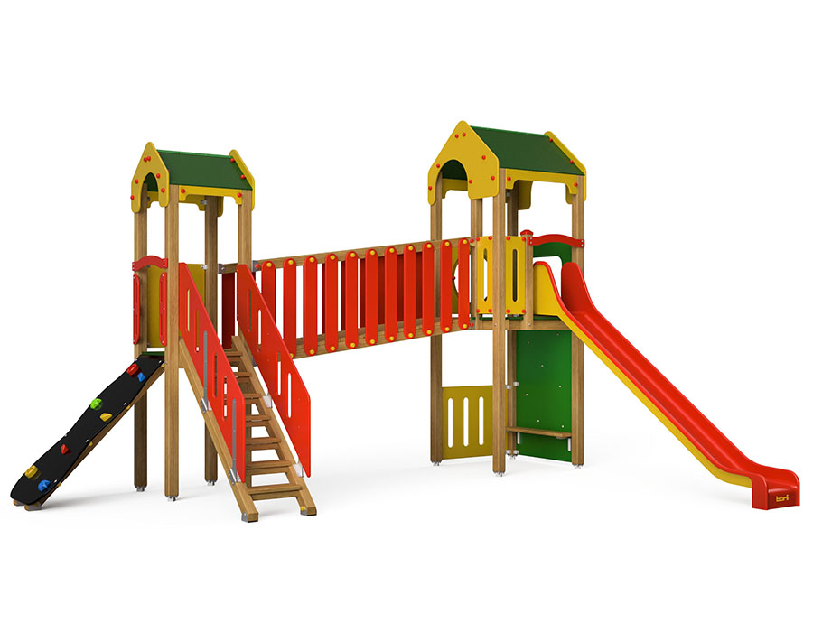 Spielturm-Kombination Crea-Play, Podesthöhen 120/150 cm, Satteldach, Rutsche, mit Verbindungsbrücke Ansicht 2