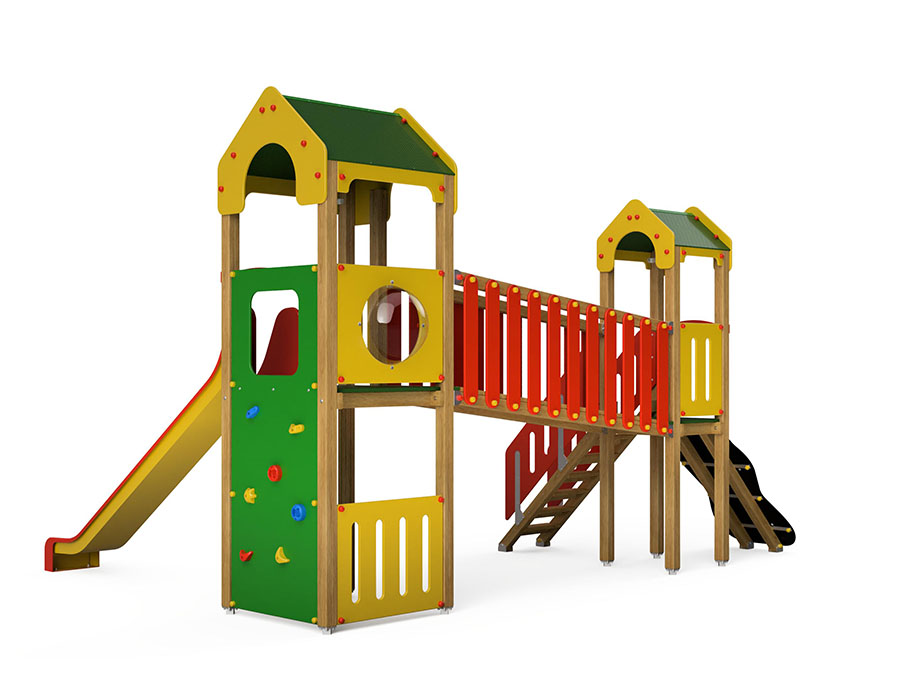 Spielturm-Kombination Crea-Play, Podesthöhen 120/150 cm, Satteldach, Rutsche, mit Verbindungsbrücke Ansicht 3