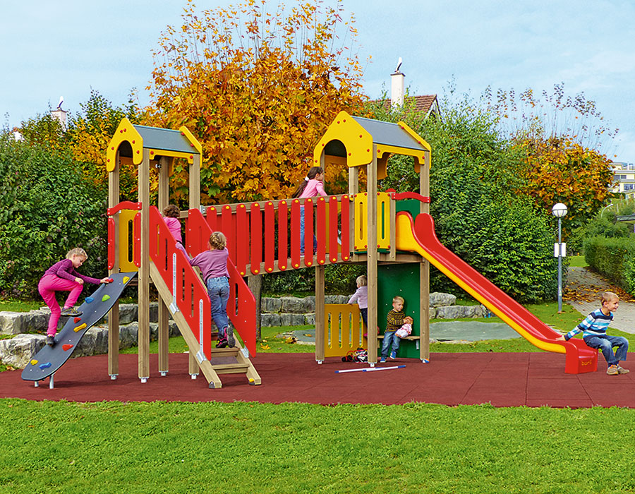 Spielturm-Kombination Crea-Play, Podesthöhen 120/150 cm, Satteldach, Rutsche, mit Verbindungsbrücke Ansicht 4