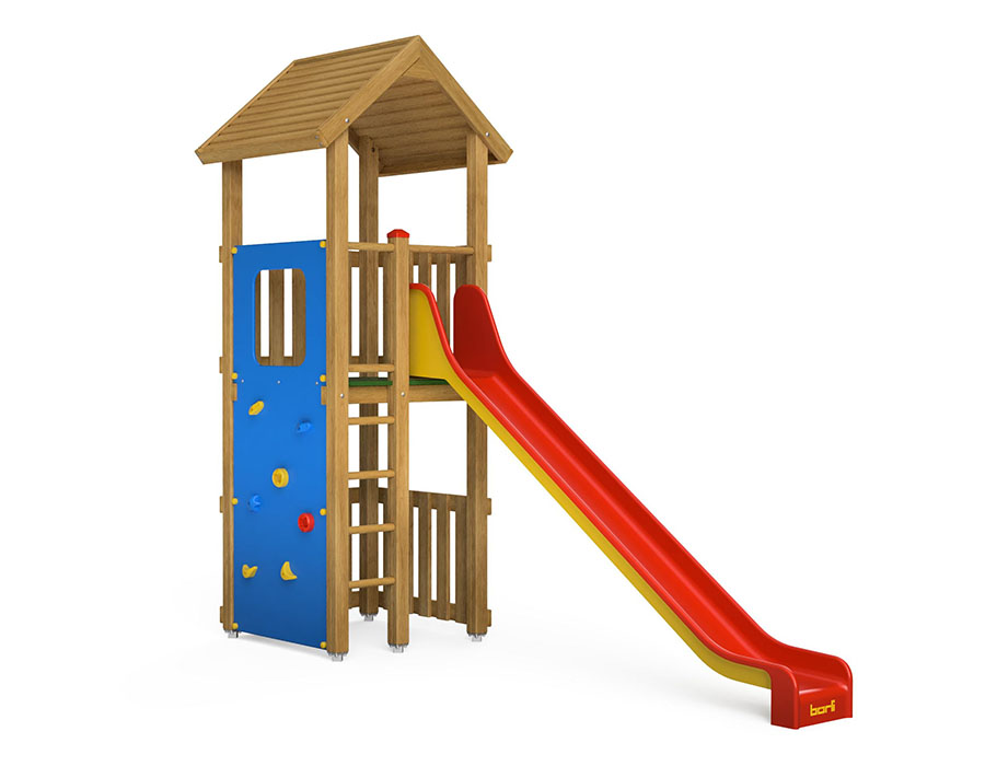 Spielturm-Kombination Eco, Podesthöhe 150 cm, Satteldach, Rutsche, mit Bergsteigerwand und Sprossenaufstieg Ansicht 2