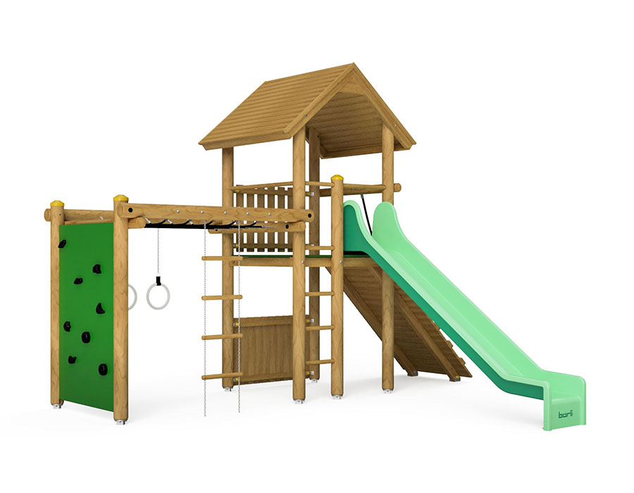 Spielturm-Kombination Rundholz, Podesthöhe 150 cm, Satteldach, Rutsche, mit Kombi-Turner und Bergsteigerwand Ansicht 2
