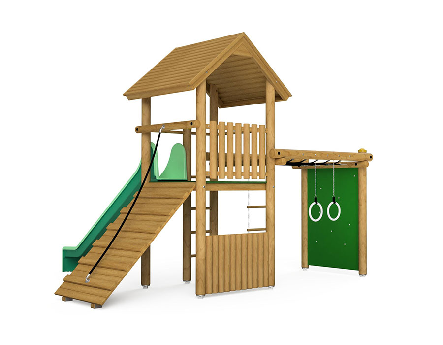 Spielturm-Kombination Rundholz, Podesthöhe 150 cm, Satteldach, Rutsche, mit Kombi-Turner und Bergsteigerwand Ansicht 3