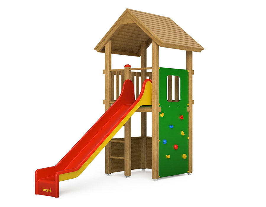 Spielturm-Kombination Kantholz, Podesthöhe 150 cm, Satteldach, Rutsche, mit Bergsteigerwand Ansicht 2