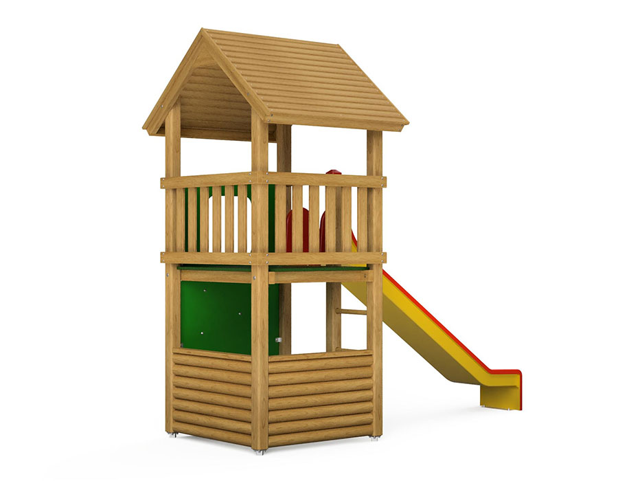 Spielturm-Kombination Kantholz, Podesthöhe 150 cm, Satteldach, Rutsche, mit Bergsteigerwand Ansicht 3