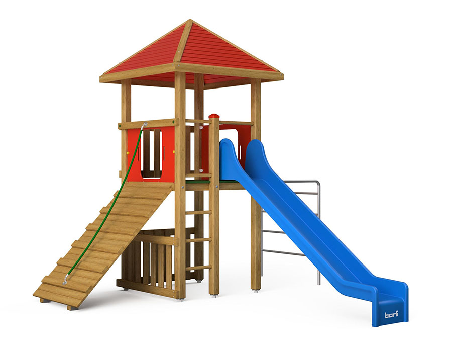 Spielturm-Kombination Kantholz, Podesthöhe 150 cm, Pyramidendach, Rutsche, mit Metall-Hangelleiter und Schrägaufstieg Ansicht 2