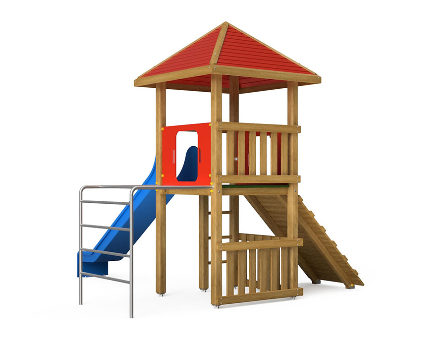 Spielturm-Kombination Kantholz, Podesthöhe 150 cm, Pyramidendach, Rutsche, mit Metall-Hangelleiter und Schrägaufstieg Ansicht 3