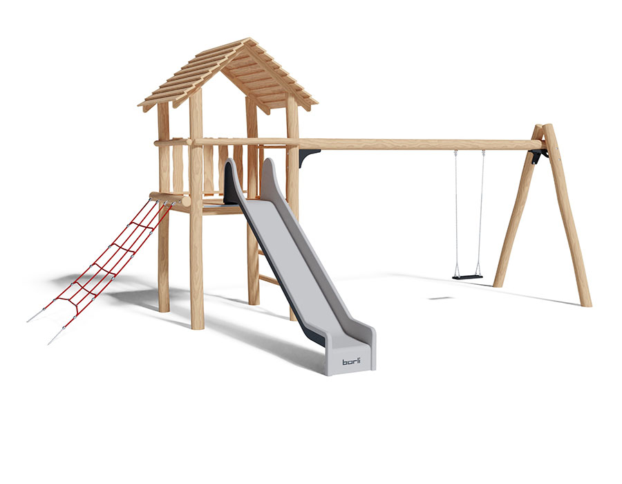 Spielturm-Kombination Robinie, Podesthöhe 150 cm, Satteldach, Rutsche, mit Schaukel Ansicht 2