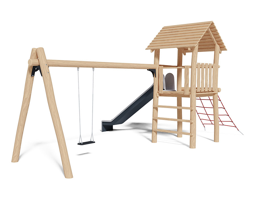 Spielturm-Kombination Robinie, Podesthöhe 150 cm, Satteldach, Rutsche, mit Schaukel Ansicht 3