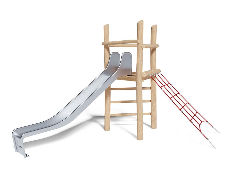 Spielturm-Kombination Robinie, Podesthöhe 150 cm, Rutsche Edelstahl, mit Kletternetz Ansicht 2