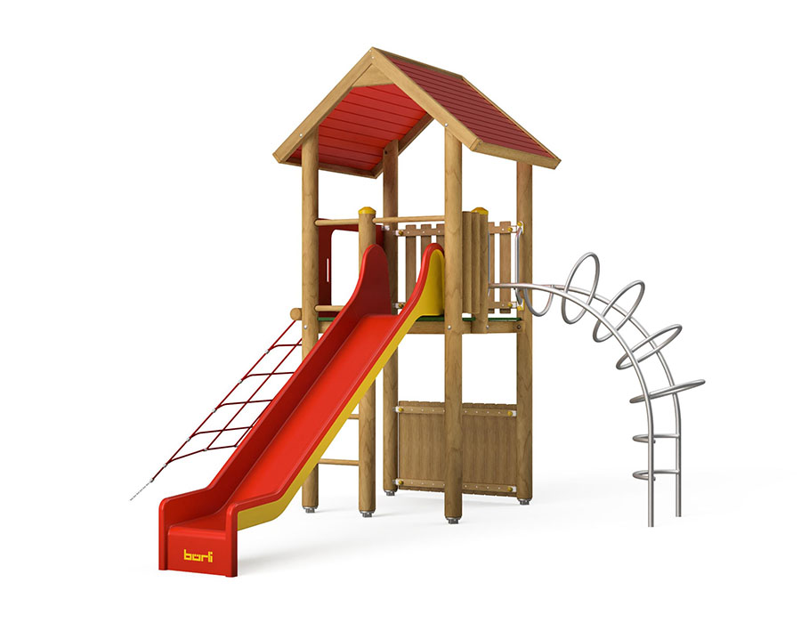 Spielturm-Kombination Rundholz, Podesthöhe 150 cm, Satteldach, Rutsche, mit Kletternetz und Rippenaufstieg Ansicht 2