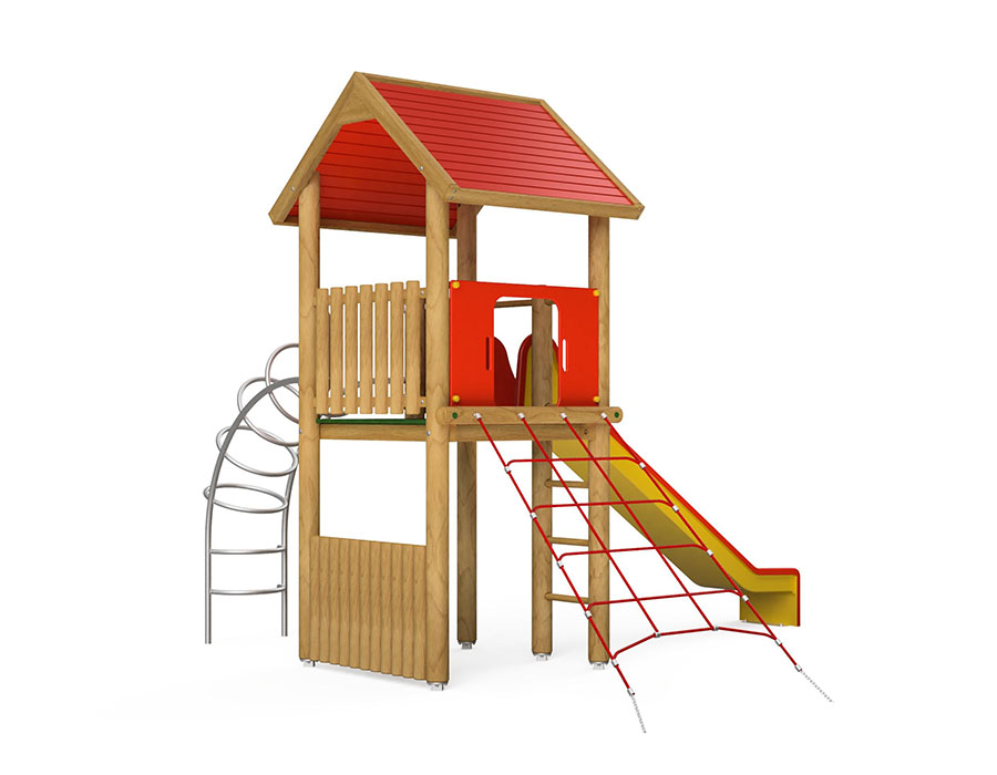 Spielturm-Kombination Rundholz, Podesthöhe 150 cm, Satteldach, Rutsche, mit Kletternetz und Rippenaufstieg Ansicht 3