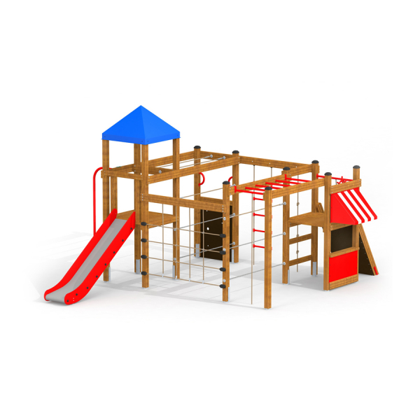 Kletter Hütte Spielanlage mit Kletterwand, Spielturm und Rutsche Ansicht 2
