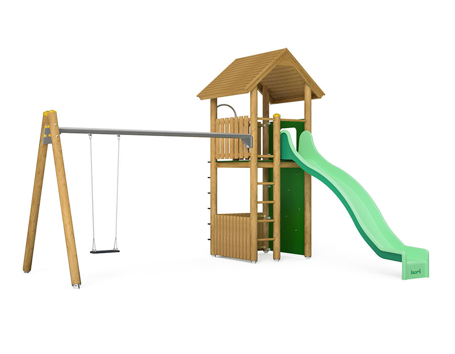 Spielturm-Kombination Rundholz, Podesthöhe 180 cm, Satteldach, Wellenrutsche, mit Schaukel Ansicht 2