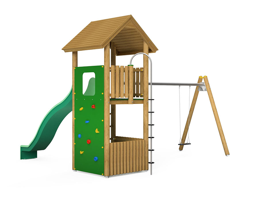 Spielturm-Kombination Rundholz, Podesthöhe 180 cm, Satteldach, Wellenrutsche, mit Schaukel Ansicht 3