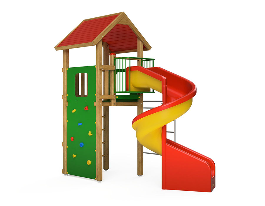 Spielturm-Kombination Kantholz, Podesthöhe 180 cm, Satteldach, Spiralrutsche Ansicht 2