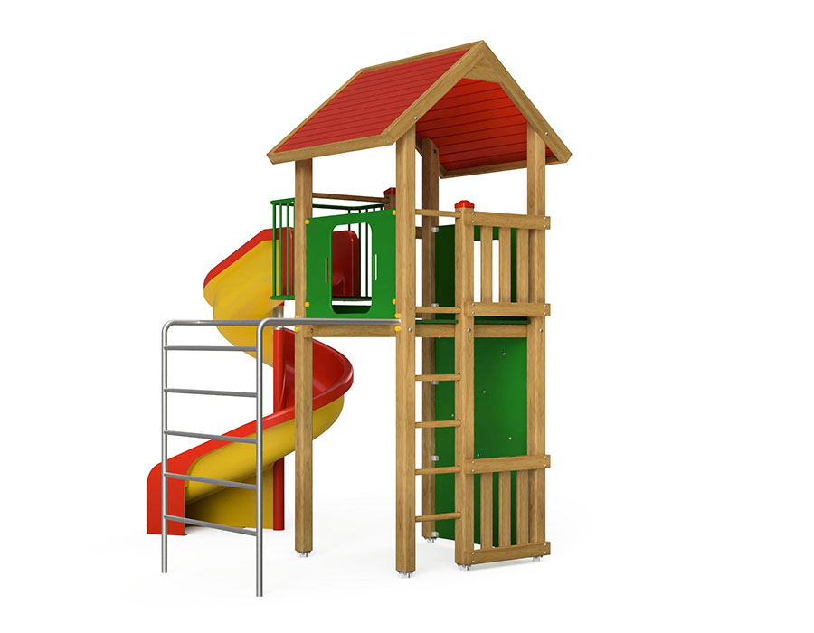 Spielturm-Kombination Kantholz, Podesthöhe 180 cm, Satteldach, Spiralrutsche Ansicht 3