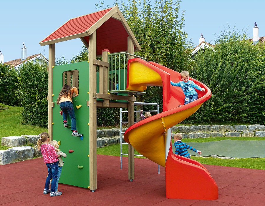 Spielturm-Kombination Kantholz, Podesthöhe 180 cm, Satteldach, Spiralrutsche Ansicht 4