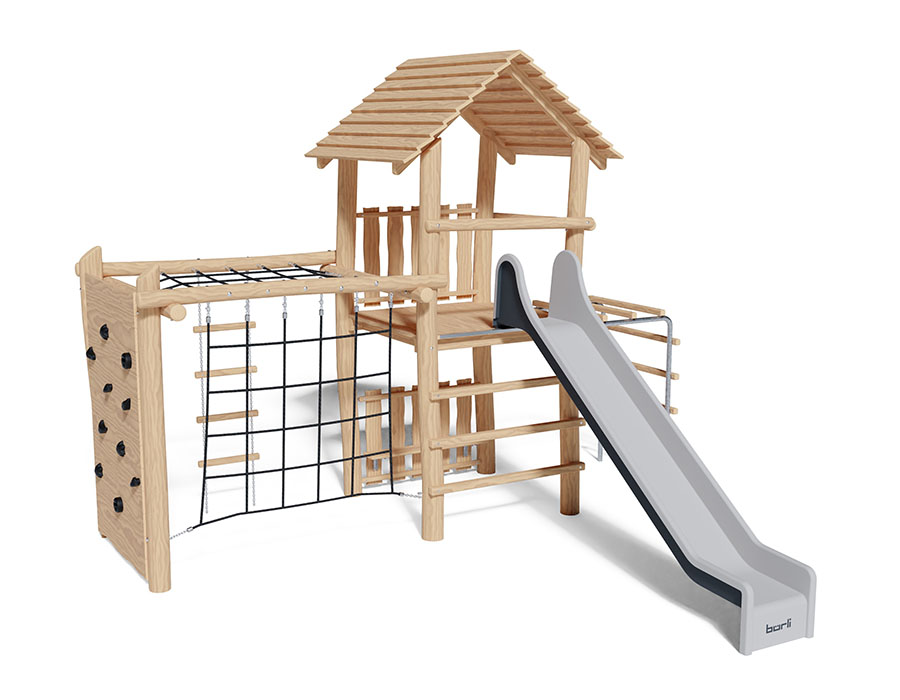 Spielturm-Kombination Robinie, Podesthöhe 150 cm, Satteldach, Rutsche, mit Kombi-Turner Ansicht 2