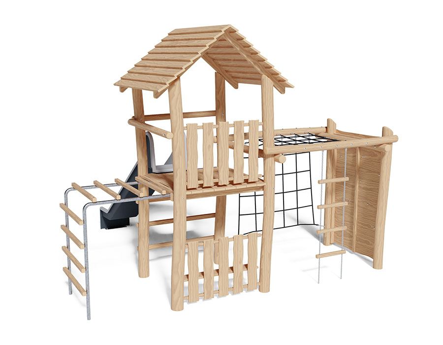 Spielturm-Kombination Robinie, Podesthöhe 150 cm, Satteldach, Rutsche, mit Kombi-Turner Ansicht 3