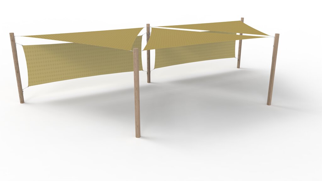 HDPE-Sonnensegel-System 3 Segel (4x4x4 m) + 5 Pfosten + 2 Windschutzwände Ansicht 2