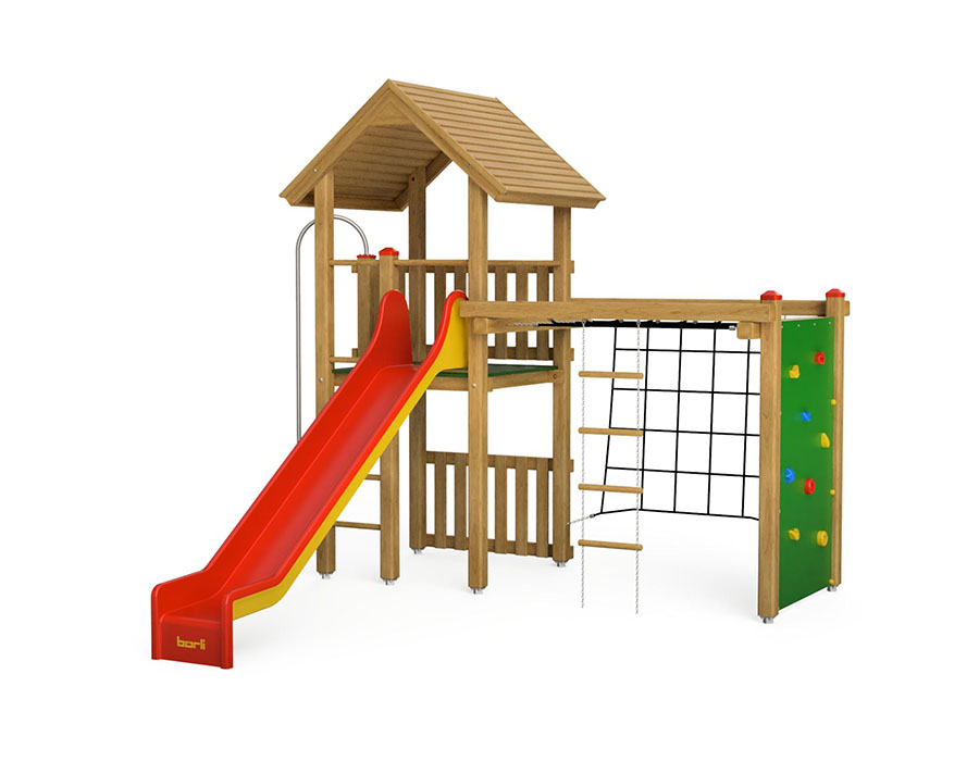 Spielturm-Kombination Kantholz, Podesthöhe 150 cm, Satteldach, Rutsche, mit Kombi-Turner Ansicht 2