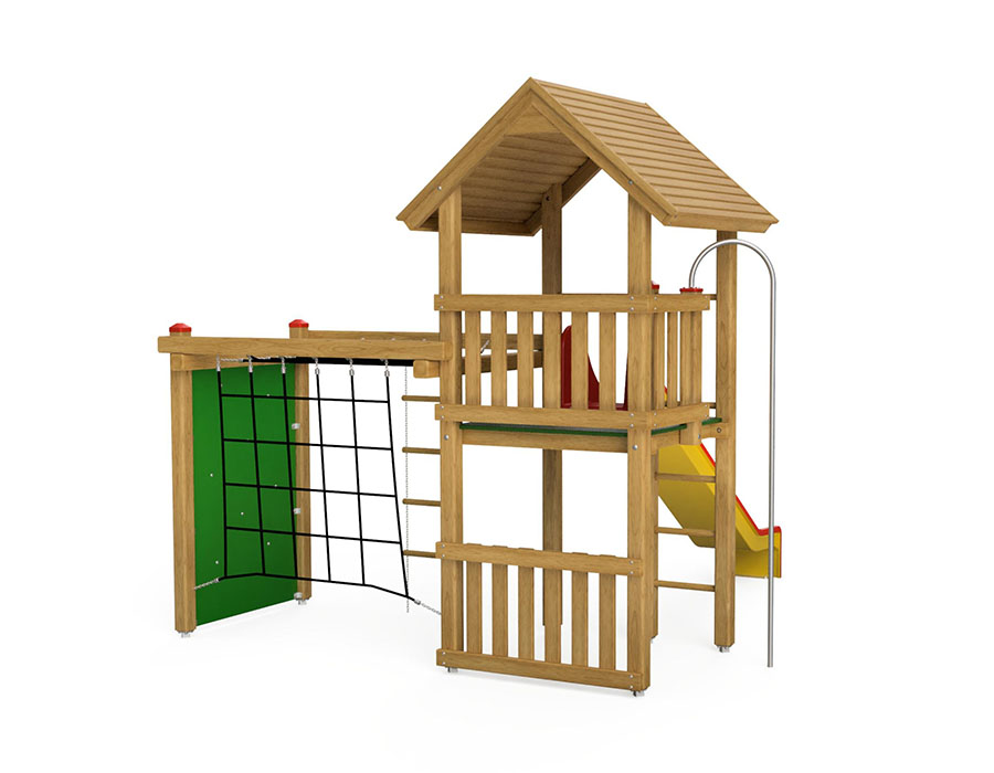 Spielturm-Kombination Kantholz, Podesthöhe 150 cm, Satteldach, Rutsche, mit Kombi-Turner Ansicht 3